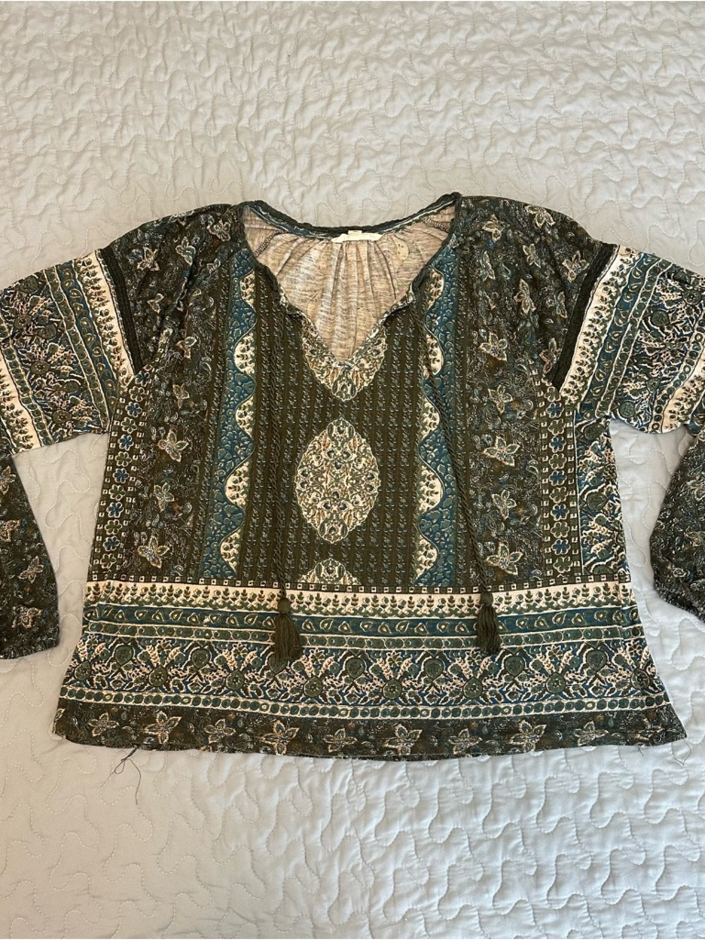 Lucky Brand Olive Green & Blue Boho Floral Print Long-Sleeve Women’s Top
